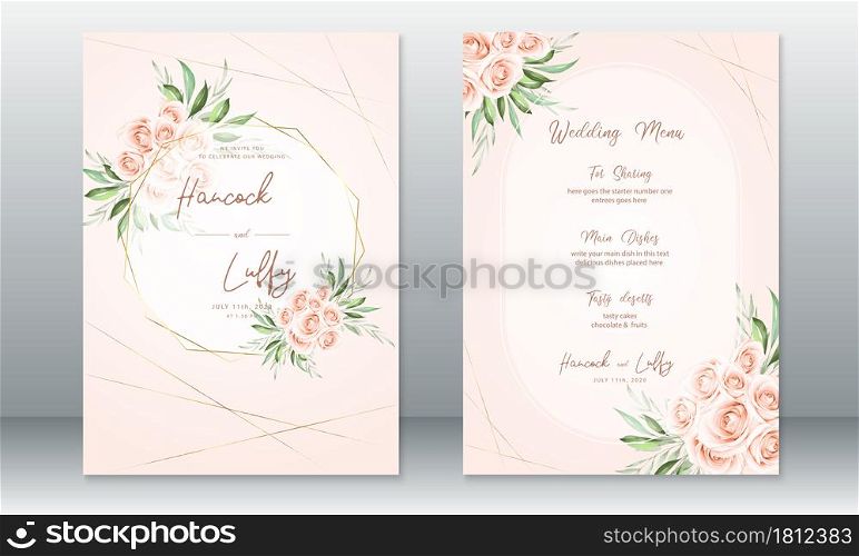 Luxury wedding invitation card template. Elegant of pink background with golden frame and rose bouquet. Vector illustration.Eps10