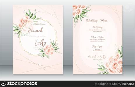 Luxury wedding invitation card template. Elegant of pink background with golden frame and rose bouquet. Vector illustration.Eps10