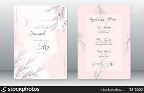 Luxury wedding invitation card template. Elegant of pink with nature leaf and watercolor background. Vector illustration.Eps10