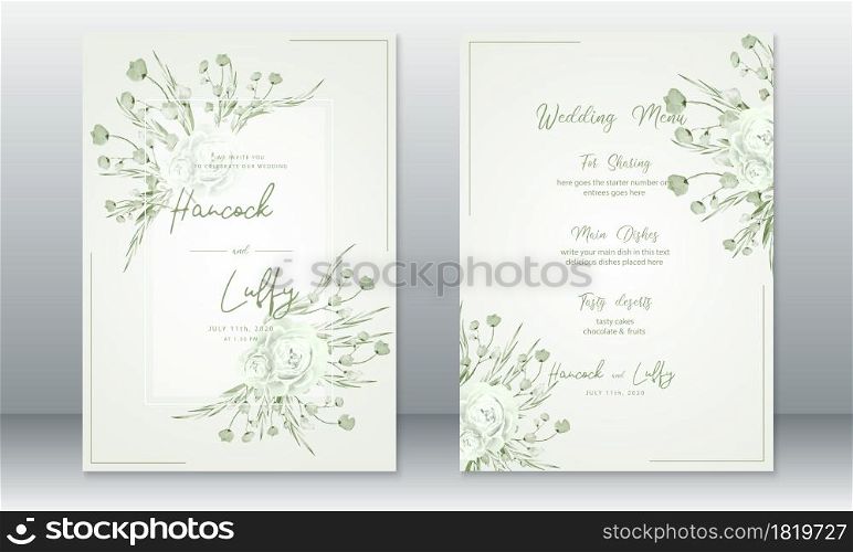 Luxury wedding invitation card template. Elegant of rose bouquet with watercolor green background. Vector illustration.Eps10