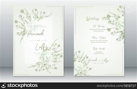 Luxury wedding invitation card template. Elegant of rose bouquet with watercolor green background. Vector illustration.Eps10