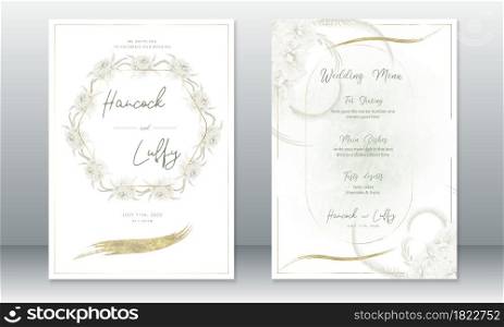 Luxury wedding invitation card template.Elegant with golden frame and floral wreath. Vector illustration.Eps10