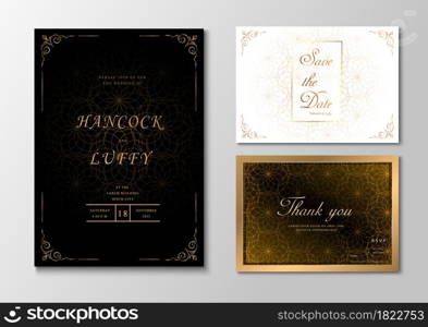 Luxury wedding invitation card template. Elegant with golden lines circle overlapping on black, white and gold background