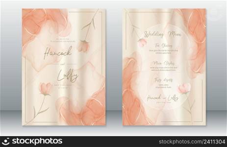 Luxury wedding invitation card template floral design with watercolor background orange marble texture