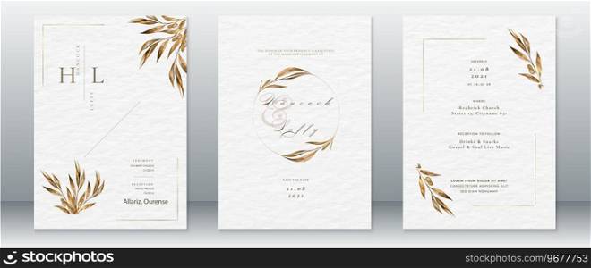 Luxury wedding invitation card template golden design minimalist with leaf and white watercolor background