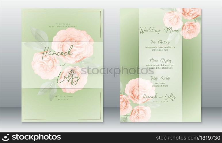 Luxury wedding invitation card template green background with rose bouquet. Vector illustration.Eps10