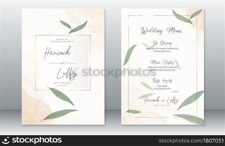 Luxury wedding invitation card template. Watercolor background elegant with golden frame and green leaf. Vector illustration.Eps10