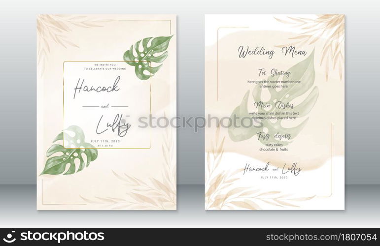 Luxury wedding invitation card template. Watercolor background elegant with golden frame and green leaf. Vector illustration.Eps10