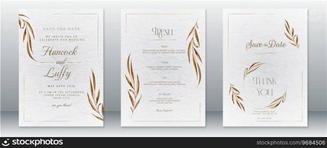 Luxury wedding invitation card template with gold nature leaf design minimalist and white watercolor background