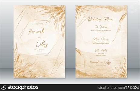 Luxury wedding invitation card template with leaf bouquet watercolor gold background