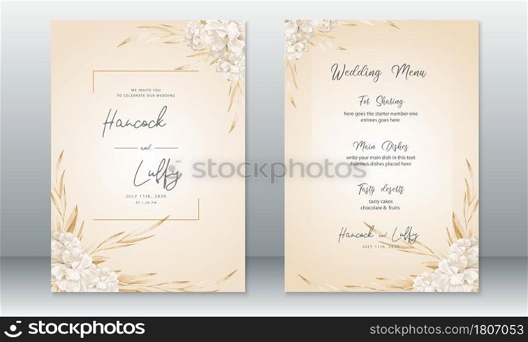 Luxury wedding invitation card template with rose bouquet watercolor gold background