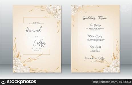 Luxury wedding invitation card template with rose bouquet watercolor gold background