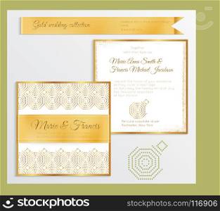 Luxury wedding invitation template with gold shiny realistic ribbon. Back and front square card layout with rich golden pattern on white. Isolated. Design for bridal shower, save the date, banner.
