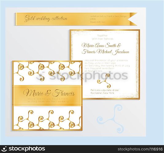 Luxury wedding invitation template with gold shiny realistic ribbon. Back and front square card layout with rich golden pattern on white. Isolated. Design for bridal shower, save the date, banner.