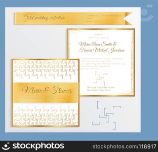 Luxury wedding invitation template with gold shiny realistic ribbon. Back and front square card layout with rich golden pattern on white. Isolated. Design for bridal shower, save the date, banner.