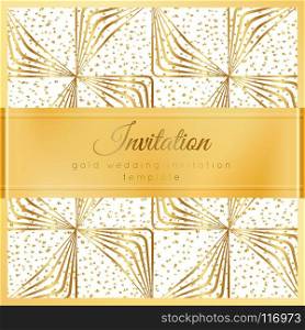 Luxury wedding invitation template with gold shiny realistic ribbon. Square card layout with rich golden pattern on white. Isolated. Design for bridal shower, save the date, banner, brochure, poster.