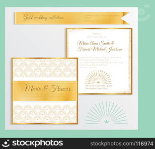 Luxury wedding invitation template with gold shiny realistic ribbon. Back and front square card layout with rich golden pattern on white. Isolated. Design for bridal shower, save the date, banner.