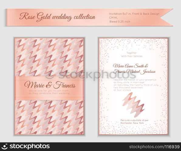 Luxury wedding invitation template with rose gold shiny realistic ribbon. Back and front 5x7 card layout with pink golden pattern on white. Isolated. Design for bridal shower, save the date, banner.