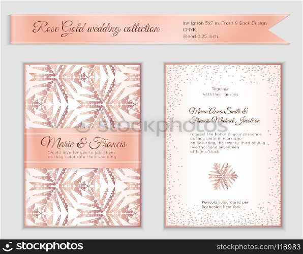 Luxury wedding invitation template with rose gold shiny realistic ribbon. Back and front 5x7 card layout with pink golden pattern on white. Isolated. Design for bridal shower, save the date, banner.