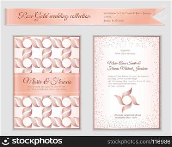 Luxury wedding invitation template with rose gold shiny realistic ribbon. Back and front 5x7 card layout with pink golden pattern on white. Isolated. Design for bridal shower, save the date, banner.
