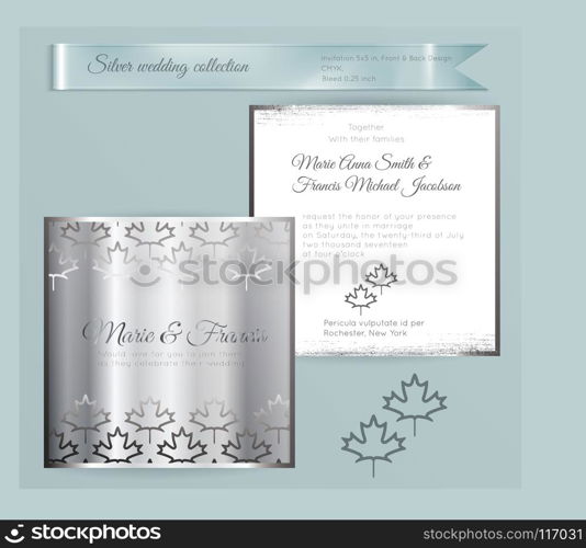 Luxury wedding invitation template with silver shiny ornament. Back and front square card layout with silver pattern on white. Isolated. Design for bridal shower, save the date, banner.