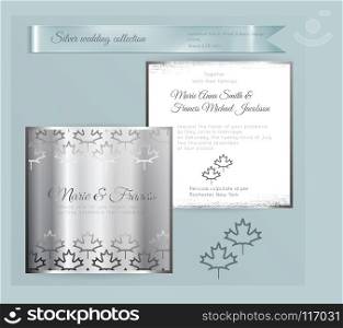 Luxury wedding invitation template with silver shiny ornament. Back and front square card layout with silver pattern on white. Isolated. Design for bridal shower, save the date, banner.