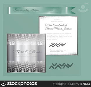 Luxury wedding invitation template with silver shiny ornament. Back and front square card layout with silver pattern on white. Isolated. Design for bridal shower, save the date, banner.