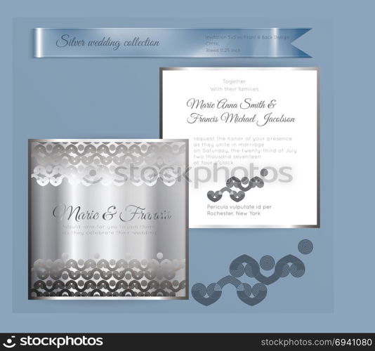 Luxury wedding invitation template with silver shiny ornament. Back and front square card layout with silver pattern on white. Isolated. Design for bridal shower, save the date, banner.