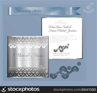 Luxury wedding invitation template with silver shiny ornament. Back and front square card layout with silver pattern on white. Isolated. Design for bridal shower, save the date, banner.