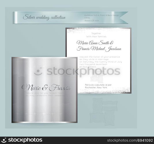 Luxury wedding invitation template with silver shiny ornament. Back and front square card layout with silver pattern on white. Isolated. Design for bridal shower, save the date, banner.