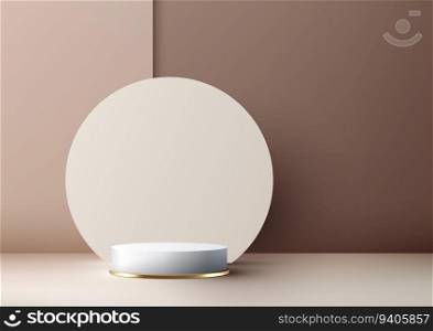 Luxury with our 3D realistic podium stand mockup featuring a sleek gold and white design against a beige circle backdrop. product display and elevate your commercial promotion with this artfully designed showcase