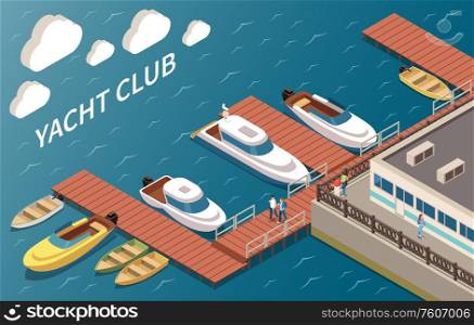 Luxury yacht club sailing and motor boats mooring facilities building corner ocean view isometric composition vector illustration