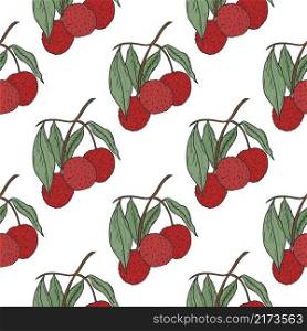 Lychee fruit on twig seamless pattern. Background with exotic,tropical fruits. Template for wallpaper, fabric and packaging, vector illustration. Lychee fruit on twig seamless pattern