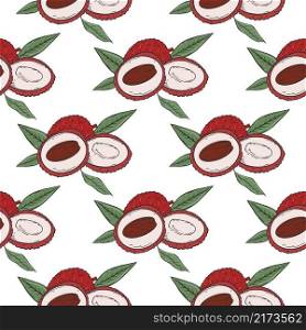 Lychee seamless pattern vector hand drawn illustration. Background with litchi. Template with exotic asian fruits for wallpaper, fabric and packaging. Lychee seamless pattern vector hand drawn illustration