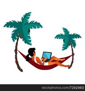 Lying on cherry hammack businesswoman vector illustration of cute woman with computer, two palm trees with big coconuts, isolated on white background. Lying on Hammack Businesswoman Vector Illustration
