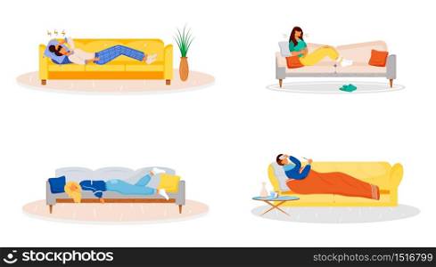 Lying on couch flat color vector faceless characters set. Sick people resting on sofa. Unwell man. Ill woman. Weakness from flu. Disease symptoms isolated cartoon illustrations on white background