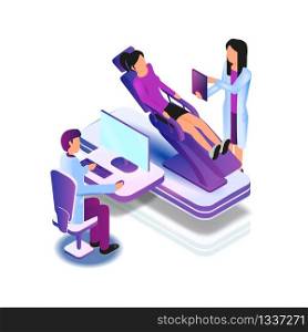Lying Patient Chair Medical Examination by Doctor. Isometric Vector Illustration Man and Woman Doctor are Conducting Examination Girl. Man Sits at Computer, Girl Doctor Holds Tablet in his Hand