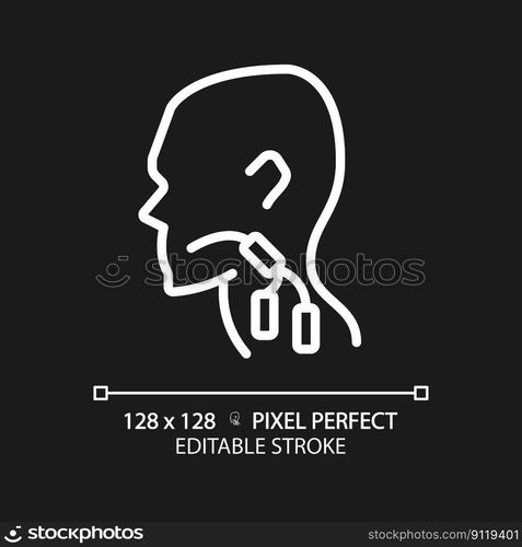 Lymph nodes pixel perfect white linear icon for dark theme. Swollen body parts in throat. Immune system issues. Thin line illustration. Contour symbol. Vector outline drawing. Editable stroke. Lymph nodes pixel perfect white linear icon for dark theme