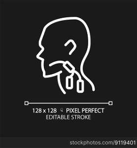 Lymph nodes pixel perfect white linear icon for dark theme. Swollen body parts in throat. Immune system issues. Thin line illustration. Contour symbol. Vector outline drawing. Editable stroke. Lymph nodes pixel perfect white linear icon for dark theme