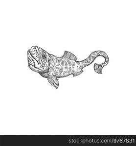 Lyngbakr hafgufa underwater beast fish with jaws isolated monochrome sketch icon. Vector massive fish sea monster mythical aquatic creature dragonfish, water dinosaur underwater animal living on depth. Hafgufa massive sea monster mythical fish creature