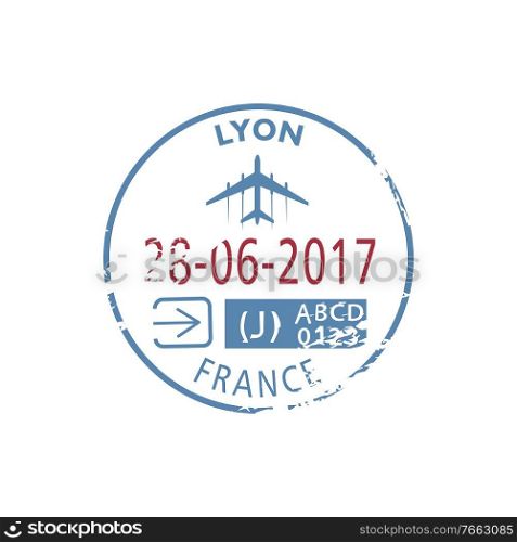 Lyon arrival st&to France isolated. Vector sign in passport with date and plane, visa or immigration seal. Arrival to Lyon airport isolated vector visa st&