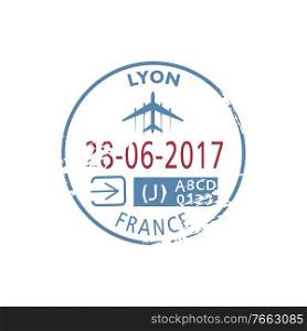 Lyon arrival st&to France isolated. Vector sign in passport with date and plane, visa or immigration seal. Arrival to Lyon airport isolated vector visa st&