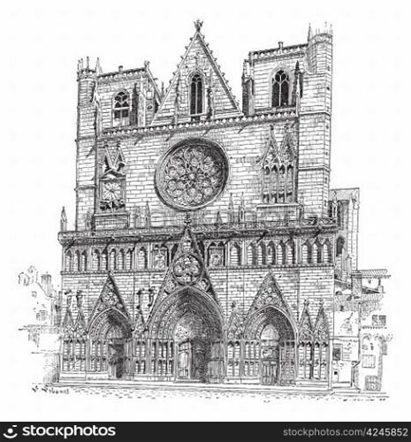 Lyon Cathedral in Lyon,France, vintage engraved illustration. Dictionary of Words and Things - Larive and Fleury - 1895