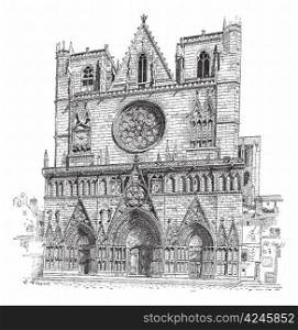 Lyon Cathedral in Lyon,France, vintage engraved illustration. Dictionary of Words and Things - Larive and Fleury - 1895
