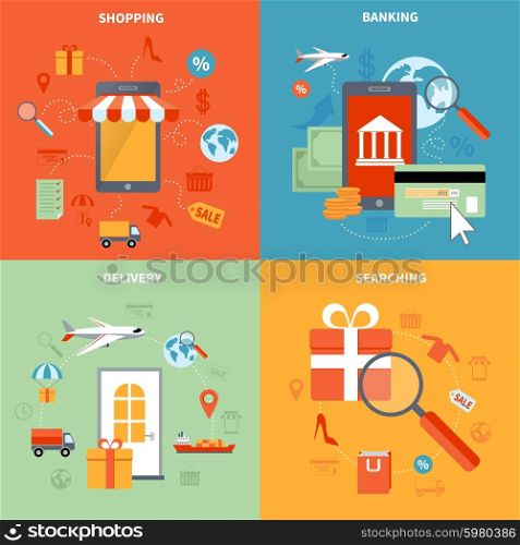 M-commerce And Shopping Icons Set. M-commerce and shopping icons set with searching banking and delivery symbols flat isolated vector illustration