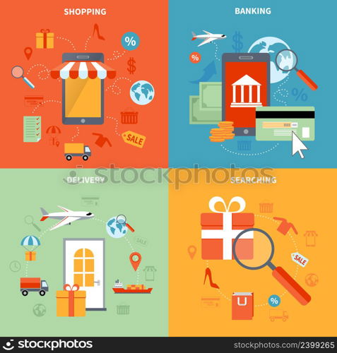 M-commerce and shopping icons set with searching banking and delivery symbols flat isolated vector illustration . M-commerce And Shopping Icons Set