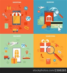 M-commerce and shopping icons set with searching banking and delivery symbols flat isolated vector illustration . M-commerce And Shopping Icons Set