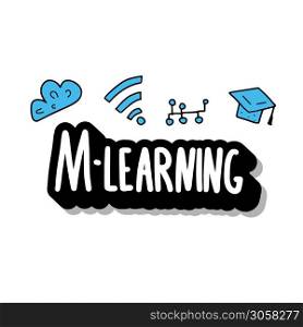 M-learning concept. Online education. Qute and school symbols in doodle style. Vector color illustration.