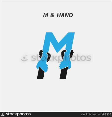 M - Letter abstract icon & hands logo design vector template.Itaic style.Business offer,partnership symbol.Hope,help concept.Support,teamwork sign.Corporate business & education logotype symbol.Vector illustration