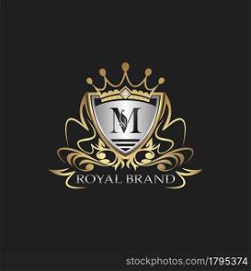 M Letter Gold Shield Logo. Elegant vector logo badge template with alphabet letter on shield frame ornate vector design.